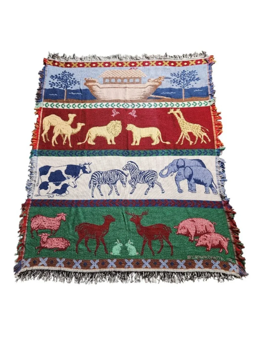 Vtg Crown Crafts Woven Throw Blanket Noah’s Ark Animals Christian Bible 55”x 45”